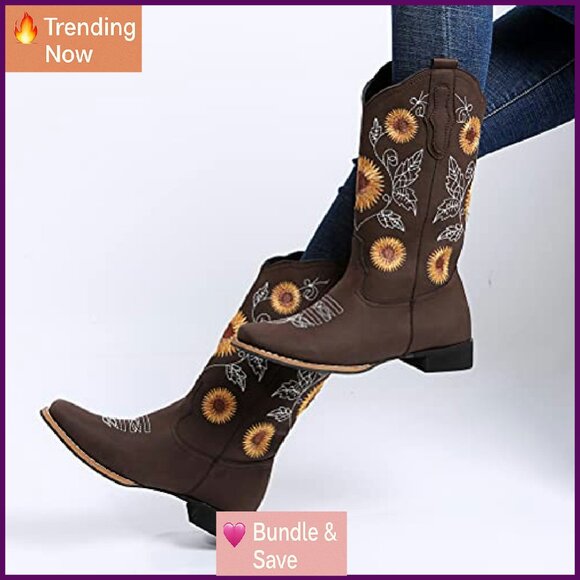 Women's Mid Calf Cowboy Boots Square Toe Low Heel Stitched Embroidery - Picture 6 of 8